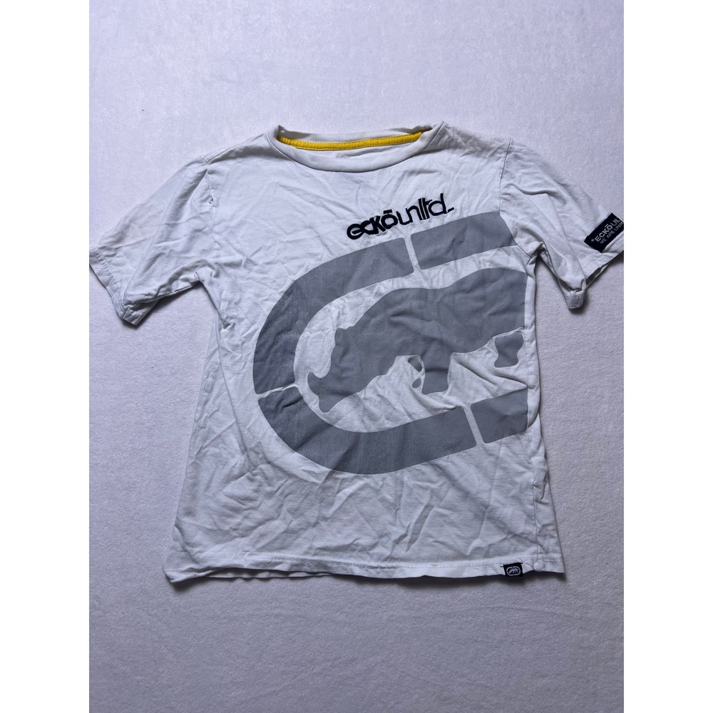Ecko Unltd Size 8 Shirt Streetwear Y2K White Short Sleeve Rhino Graphic Tee